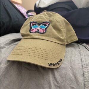 Life Is Good Tan Cap with Vibrant Butterfly